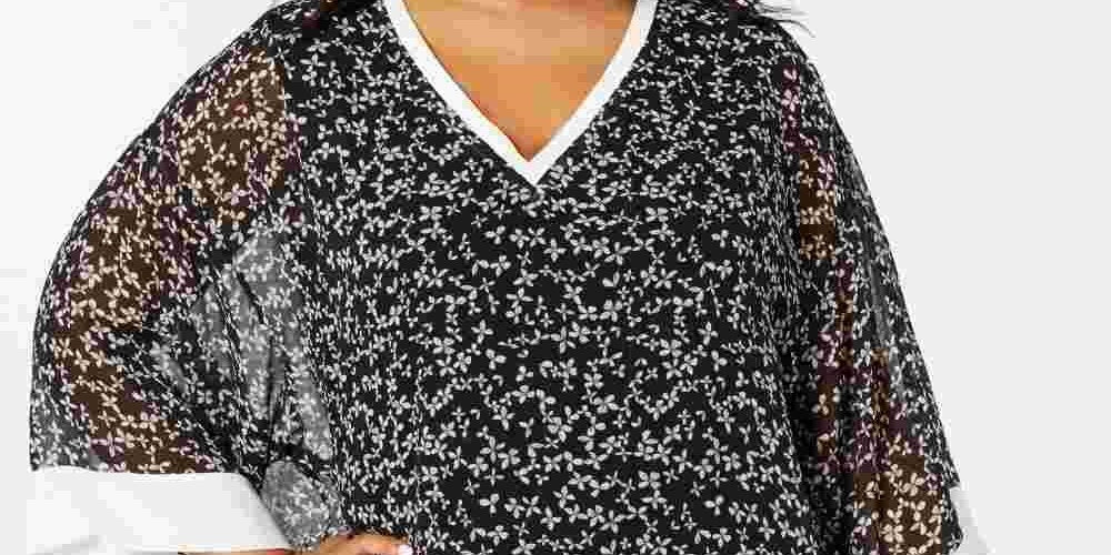 Tommy Hilfiger Women's Black Floral Bell Sleeve V Neck Top Charcoal Size 2X