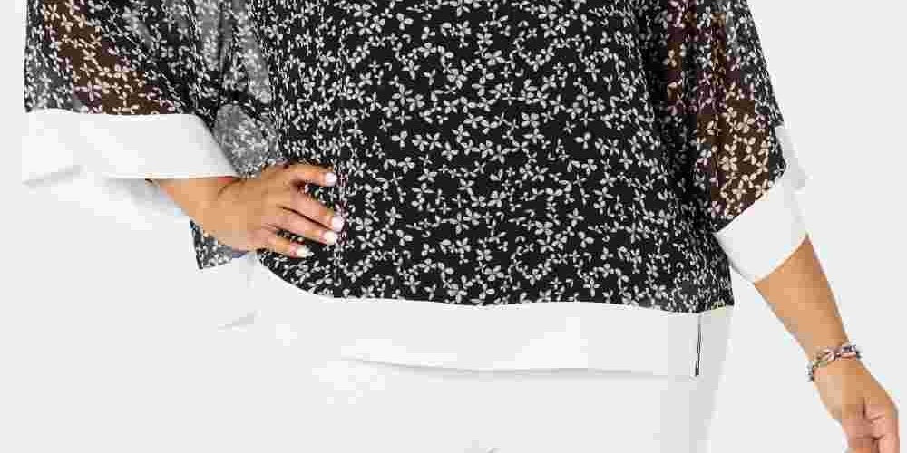 Tommy Hilfiger Women's Black Floral Bell Sleeve V Neck Top Charcoal Size 2X