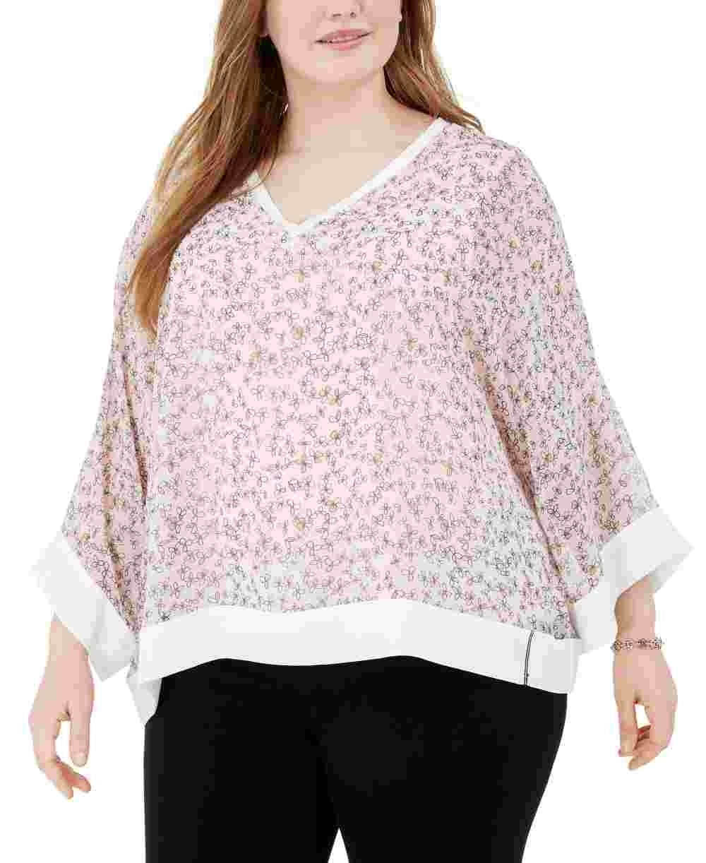 Tommy Hilfiger Women's Pink Layered Floral 3/4 Sleeve V Neck Tunic Top Pink Size 1X