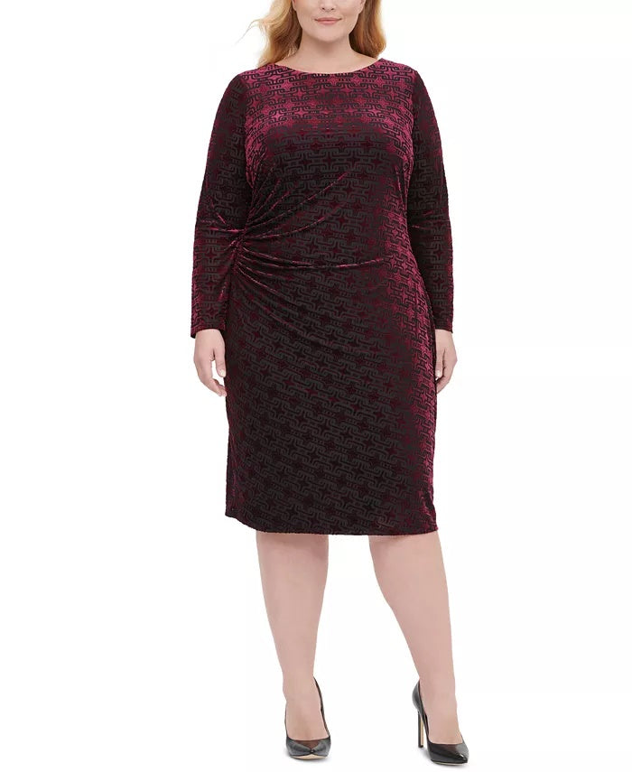 Tommy Hilfiger Women's Plus Long Sleeve Velvet Burnout Sheath Dress Red Size 18W