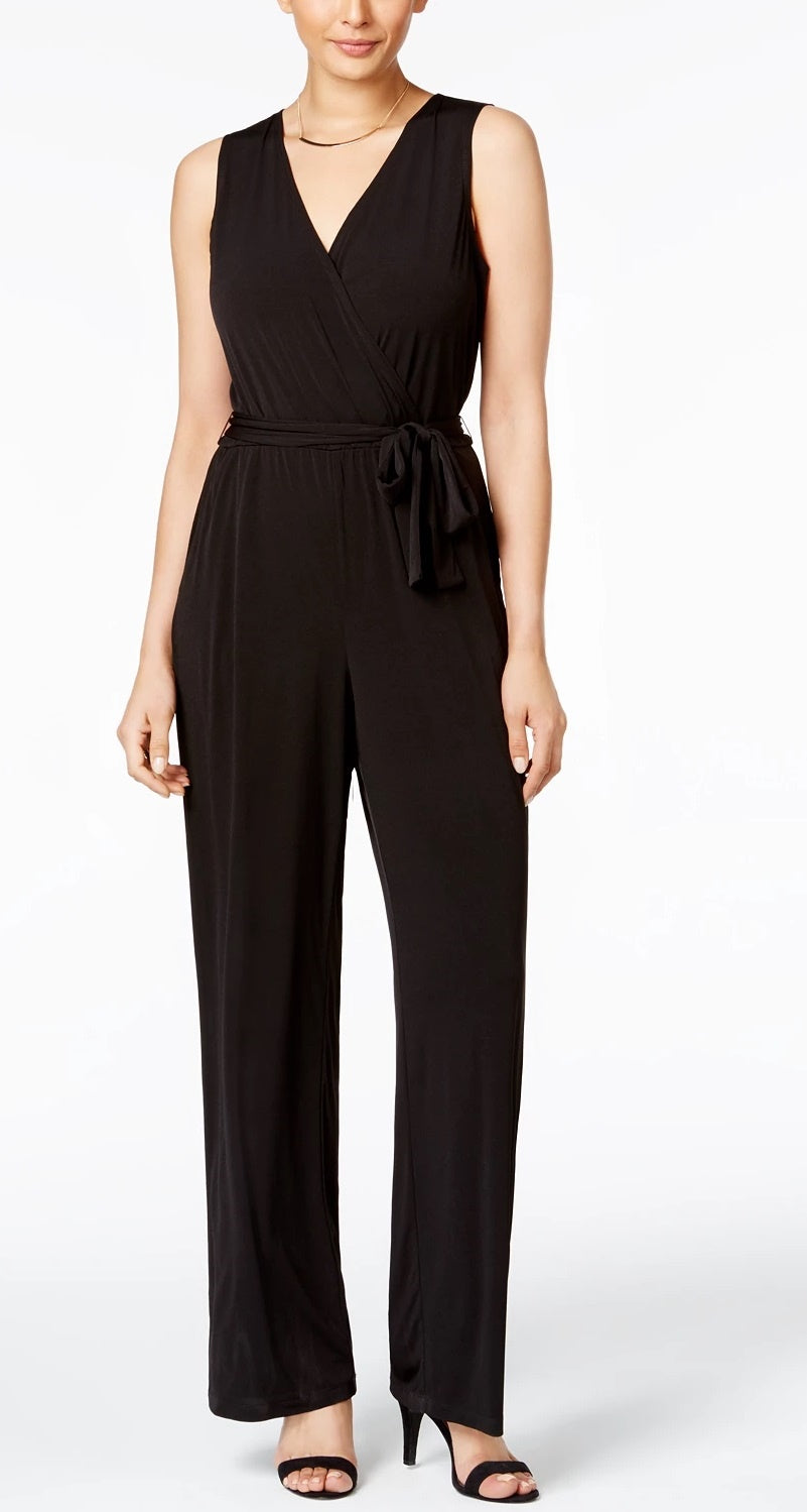 NY Collection Women's Surplice Belted Wide-Leg Jumpsuit Black Size Petite Large