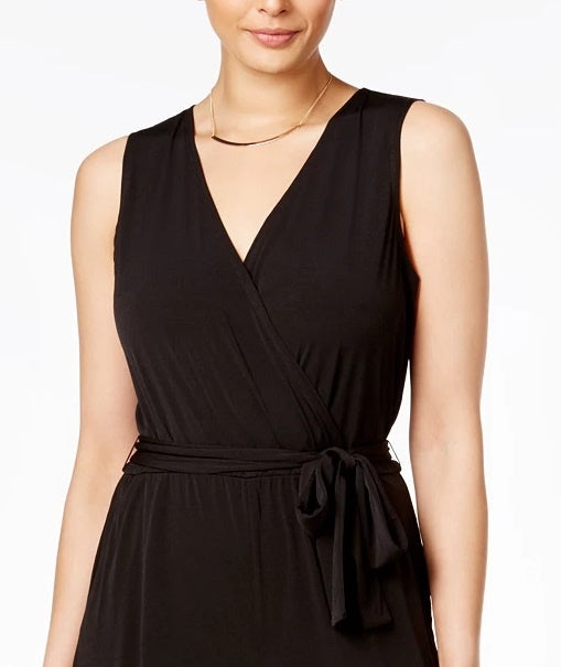 NY Collection Women's Surplice Belted Wide-Leg Jumpsuit Black Size Petite Large