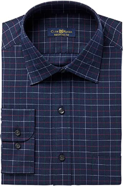 Club Room Men's Classic/Regular Fit Performance Windowpane Dress Shirt Navy Size 15X32-33