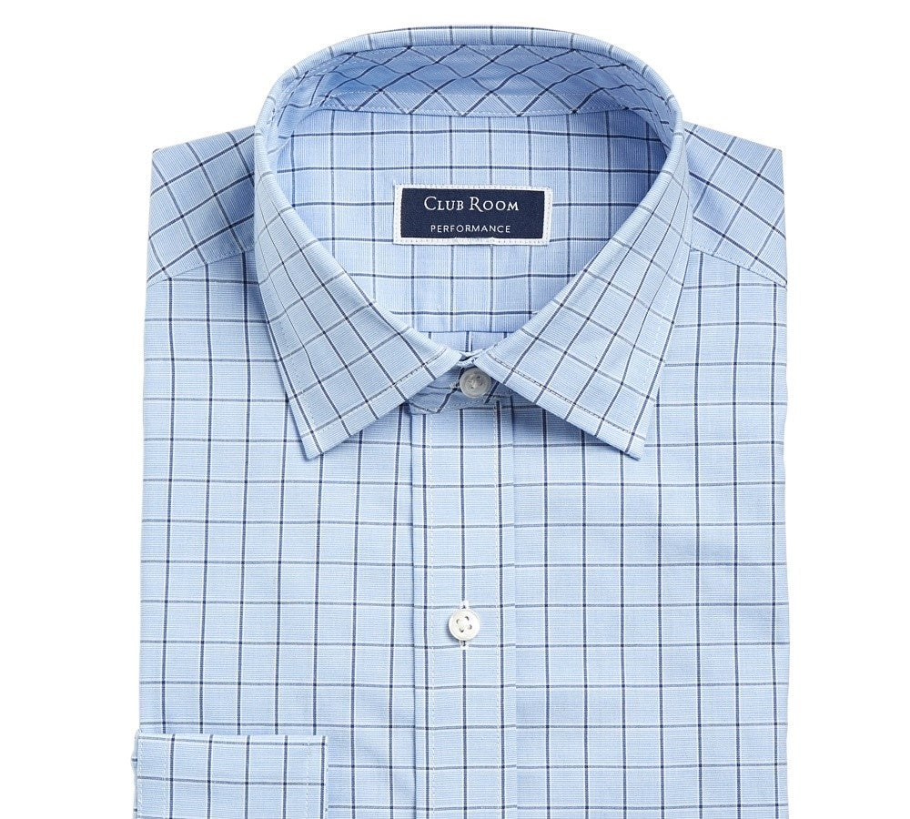 Club Room Men's Classic/Regular Fit Performance Windowpane Dress Shirt Navy Size 34-35