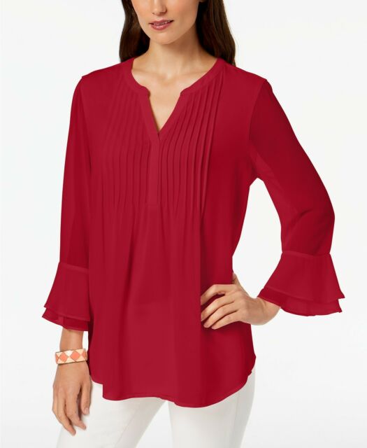 Charter Club Women's Double Ruffle Solid Pintuck Top Wine Size Small