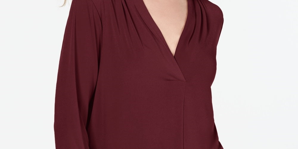 Charter Club Women's Pleat Neck 3/4 Sleeve Top  Wine Size Petite Medium