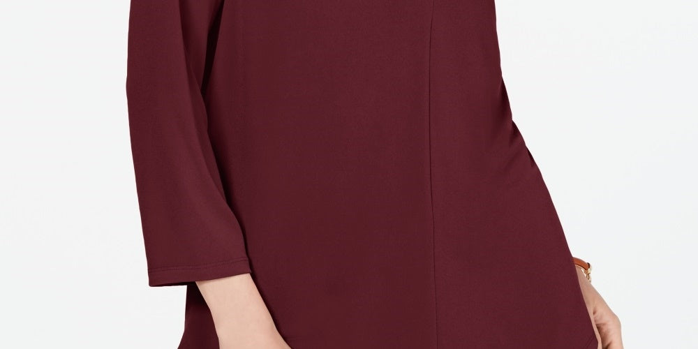 Charter Club Women's Pleat Neck 3/4 Sleeve Top  Wine Size Petite Medium