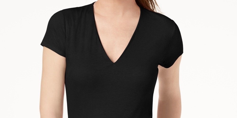 INC International Concepts Women's Ribbed V Neck Top Black Size Large