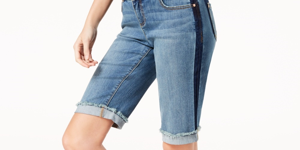INC International Concepts Women's Curvy-Fit Contrast-Trim Cuffed Denim Shorts Navy Size 4