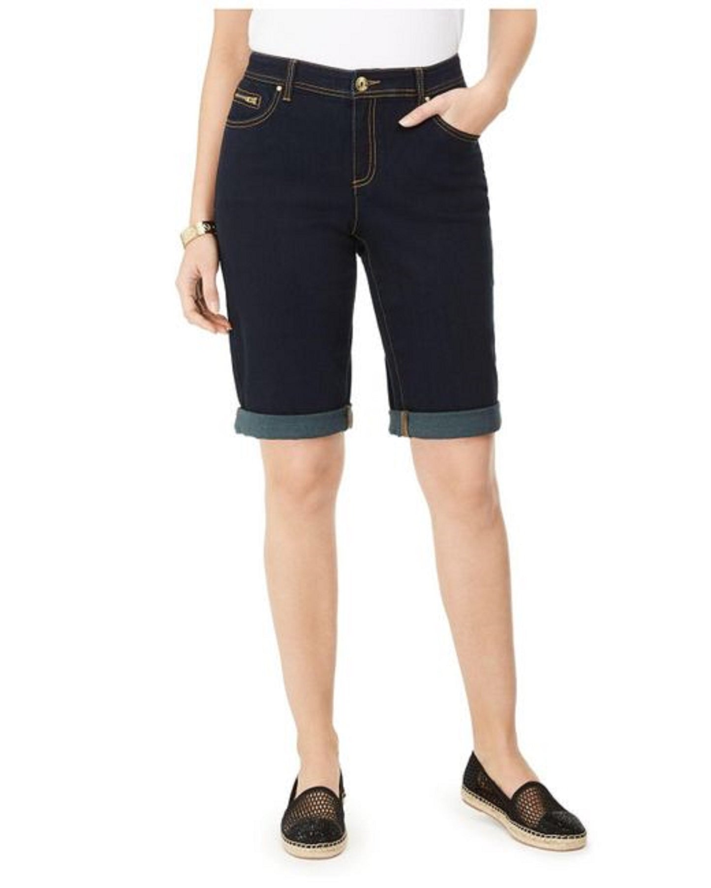 INC International Concepts Women's Curvy-Fit Contrast-Trim Cuffed Denim Shorts Navy Size 6