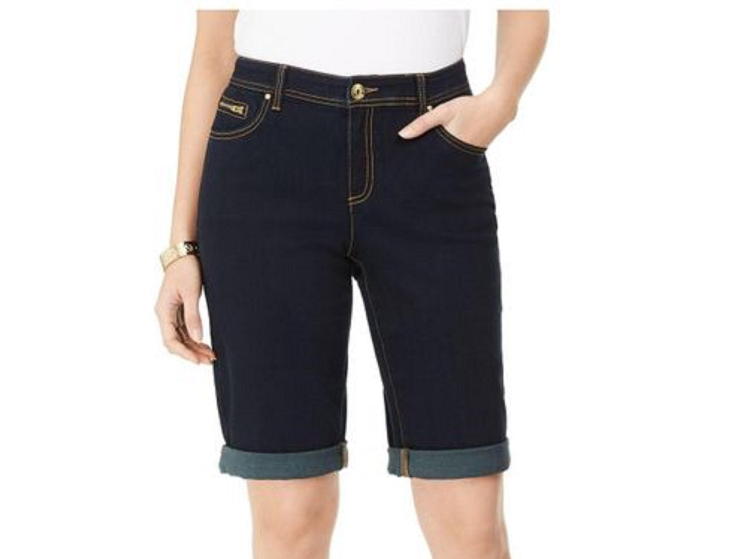 INC International Concepts Women's Curvy-Fit Contrast-Trim Cuffed Denim Shorts Navy Size 6