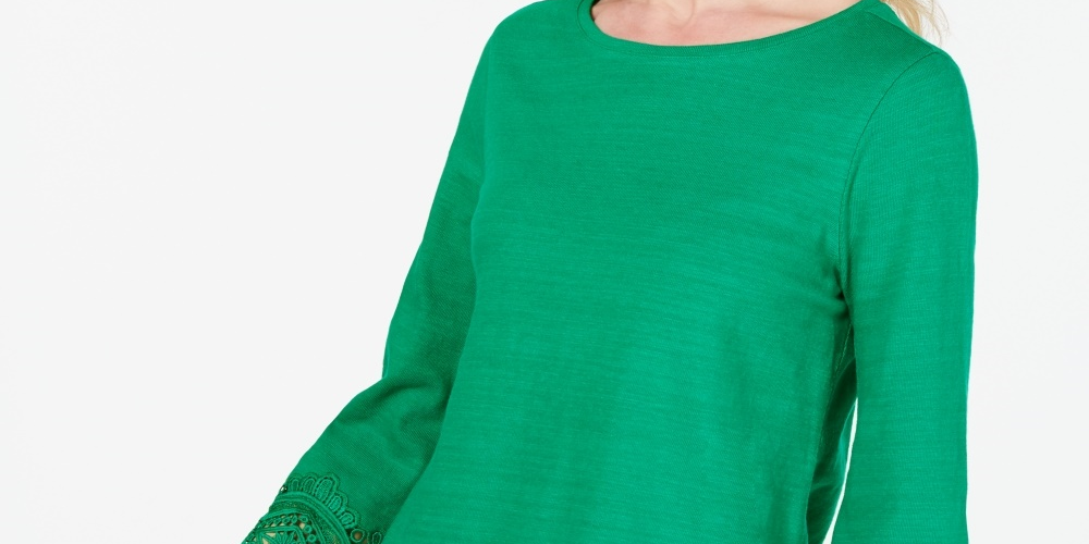 Charter Club Women's Cotton Lace Trim Top Green Size Small