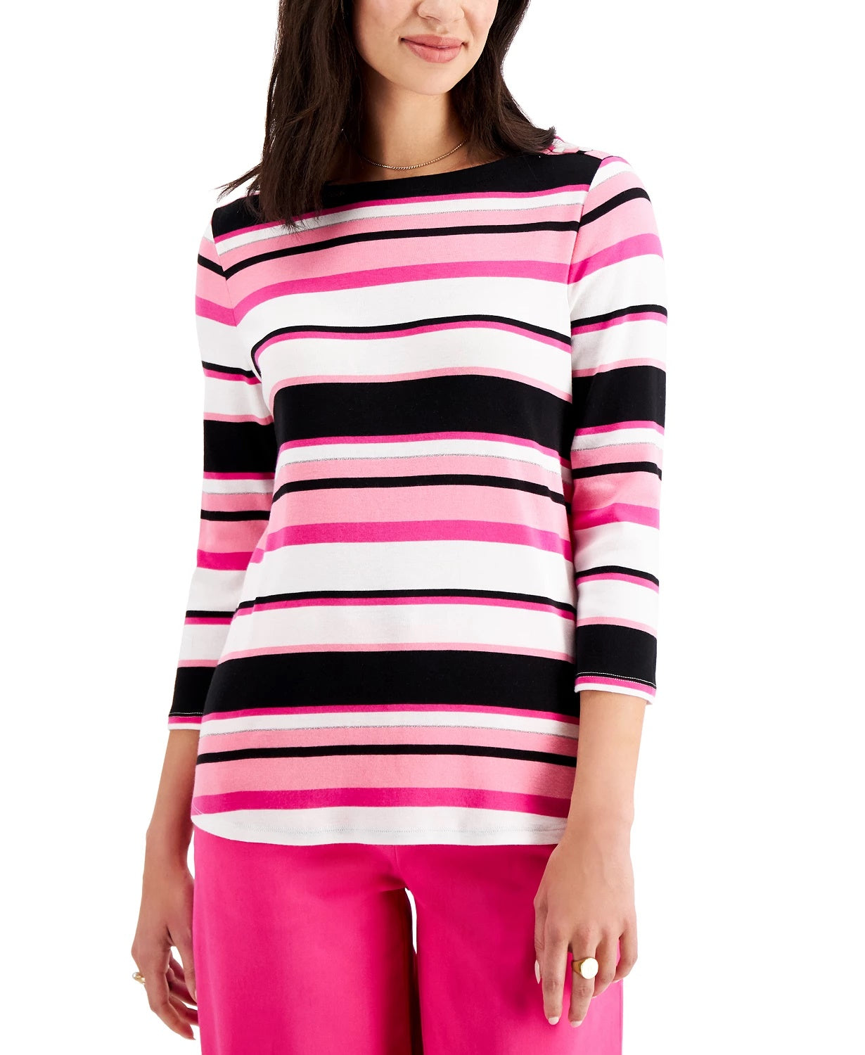Charter Club Women's Pima Cotton Button-Shoulder Stripe Top Pink Size Extra Small