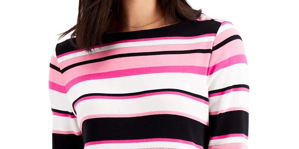 Charter Club Women's Pima Cotton Button-Shoulder Stripe Top Pink Size Extra Small