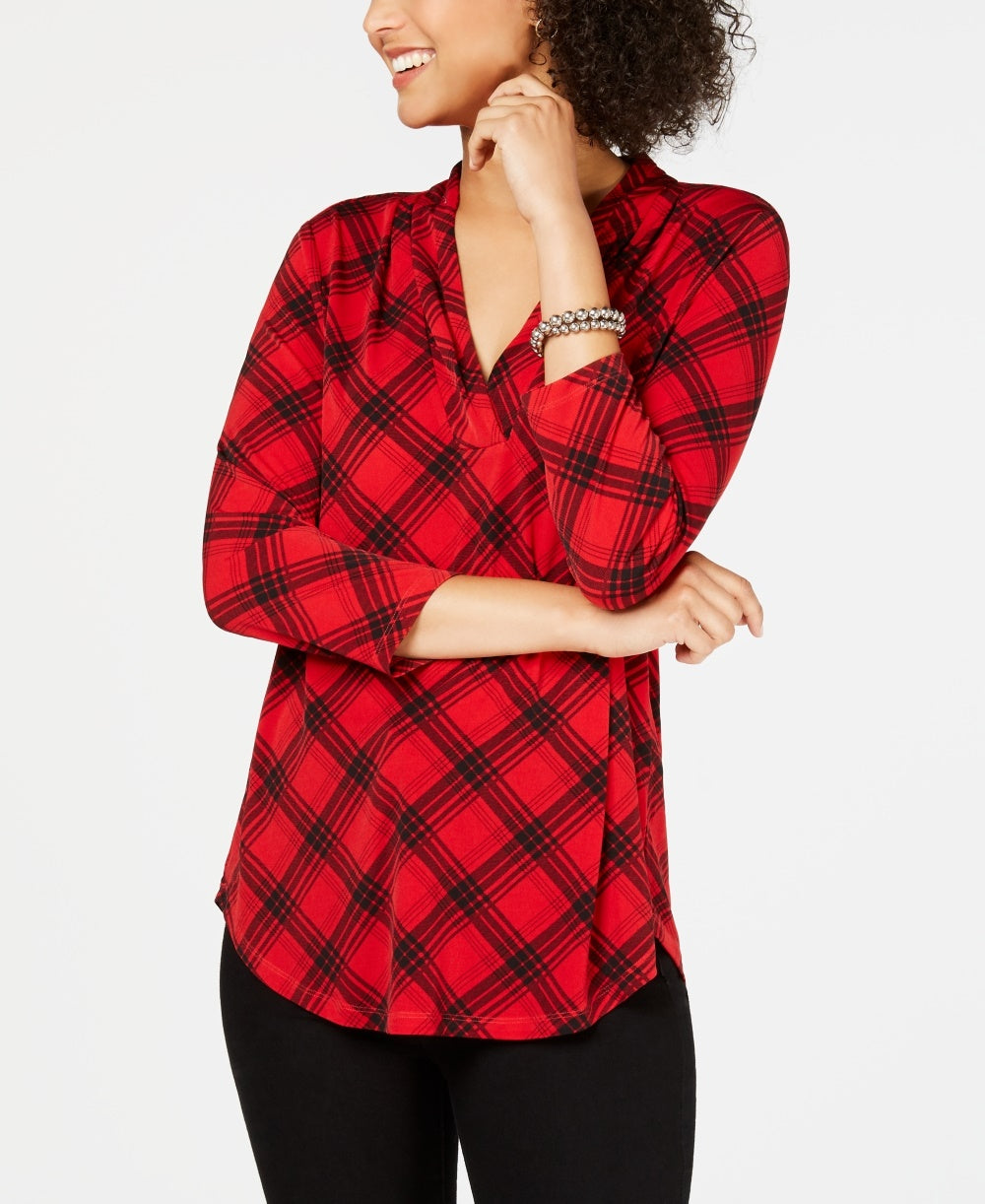 Charter Club Women's Printed V-Neck Top  Red Size Large
