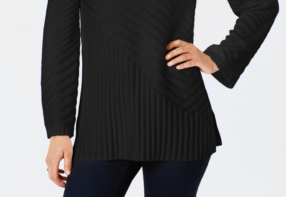 Charter Club Women's Patterned Mock Turtleneck Sweater Black Size Petite Medium