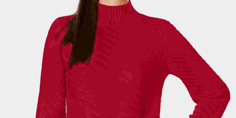 Charter Club Women's Textured Solid Long Sleeve Mock Sweater Red Size Petite Small