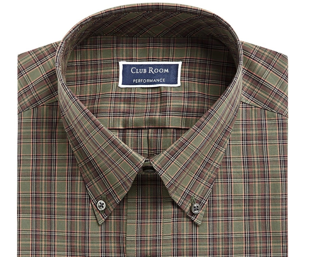 Club Room Men's Gordon Plaid Long Sleeves Dress Shirt Green Size 18.5X34-35
