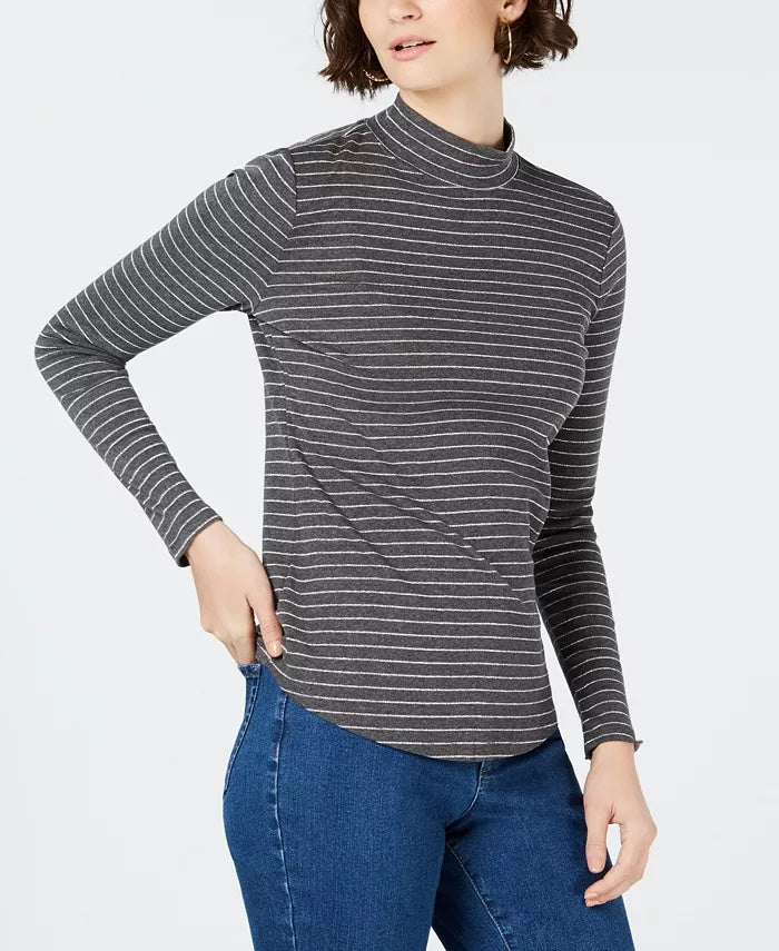 Charter Club Women's Cotton Striped Mock-Neck T-Shirt Dark Gray Size XX Large