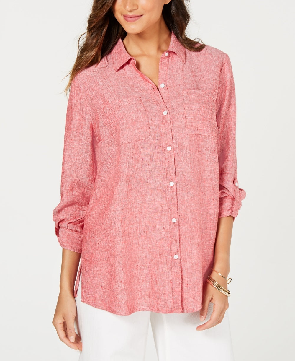 Charter Club Women's Linen Utility Shirt Red Size X-Large