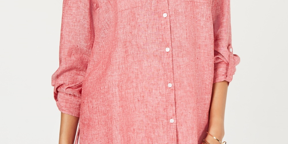Charter Club Women's Linen Utility Shirt Red Size X-Large