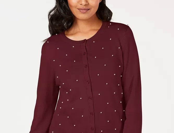Charter Club Women's Imitation Pearl Embellished Button-Down Cardigan Wine Size Small