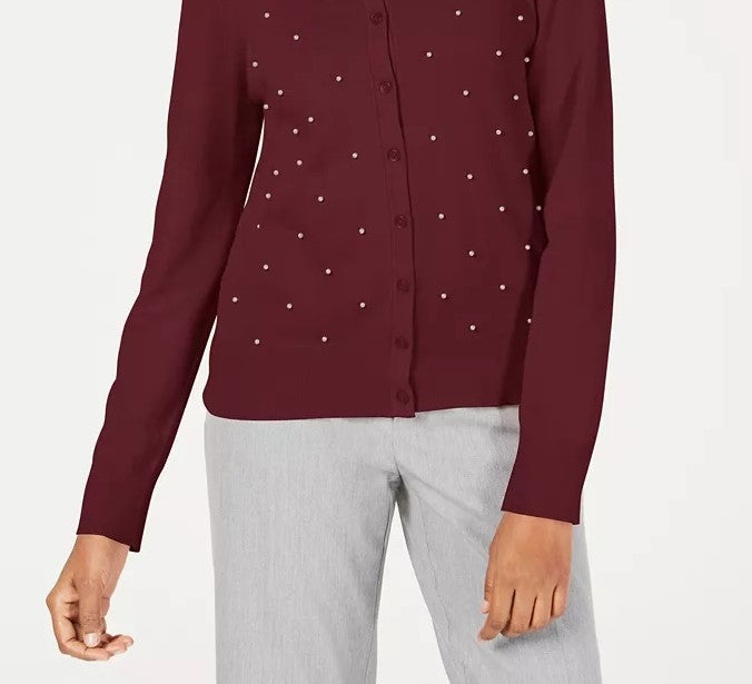 Charter Club Women's Imitation Pearl Embellished Button-Down Cardigan Wine Size Small