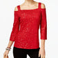 INC International Concepts Women's Sequined Cold-Shoulder Top Dark Red Size X-Small