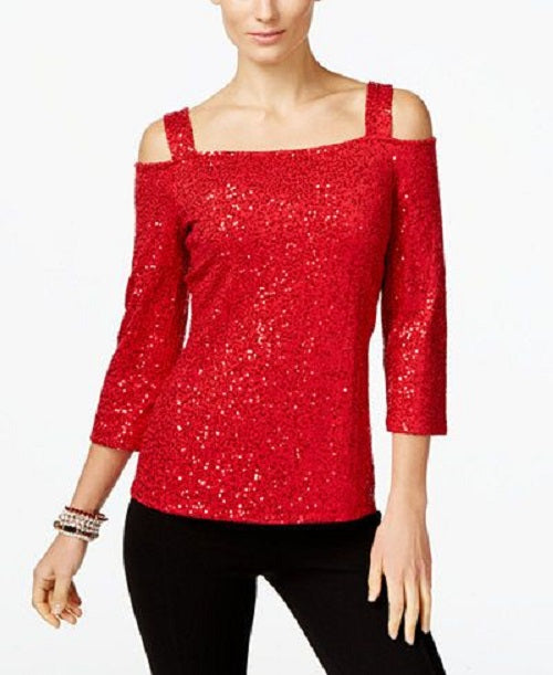 INC International Concepts Women's Sequined Cold-Shoulder Top Dark Red Size X-Small