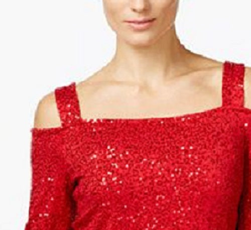 INC International Concepts Women's Sequined Cold-Shoulder Top Dark Red Size X-Small