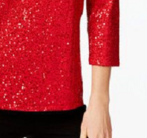 INC International Concepts Women's Sequined Cold-Shoulder Top Dark Red Size X-Small