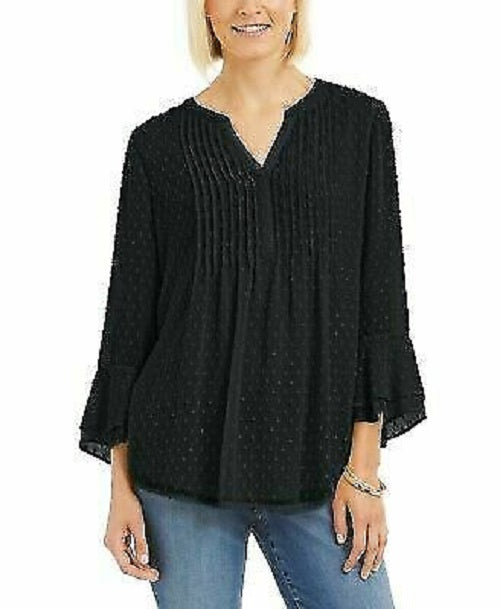 Charter Club Women's Double-Ruffle Textured Pintuck Top Black Size X-Small