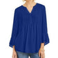 Charter Club Women's Petite Double-Ruffle Textured Pintuck Top Blue Size Petite
