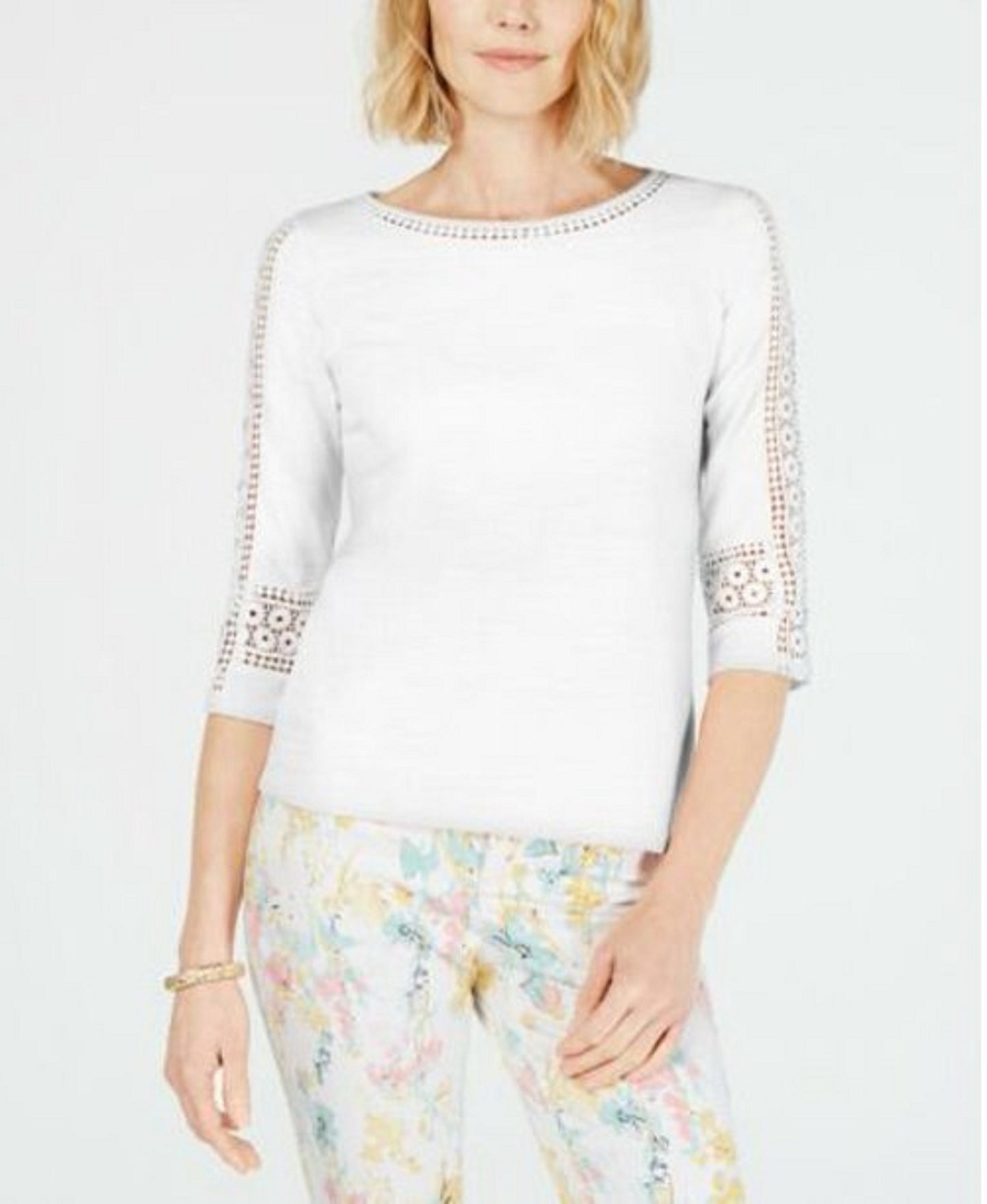 Charter Club Women's Crochet-Inset Top White Size Large