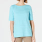 Charter Club Women's Cotton Texture Striped Elbow Sleeve Top Turq Aqua Size X-Small