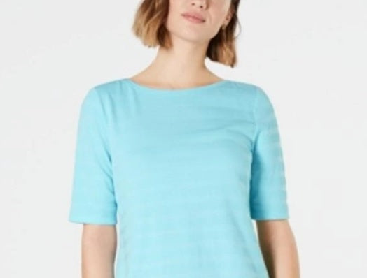 Charter Club Women's Cotton Texture Striped Elbow Sleeve Top Turq Aqua Size X-Small