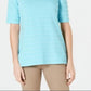 Charter Club Women's Cotton Texture Striped Elbow Sleeve Top Turq Aqua Size X-Small