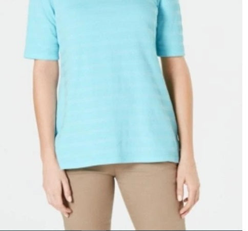 Charter Club Women's Cotton Texture Striped Elbow Sleeve Top Turq Aqua Size X-Small