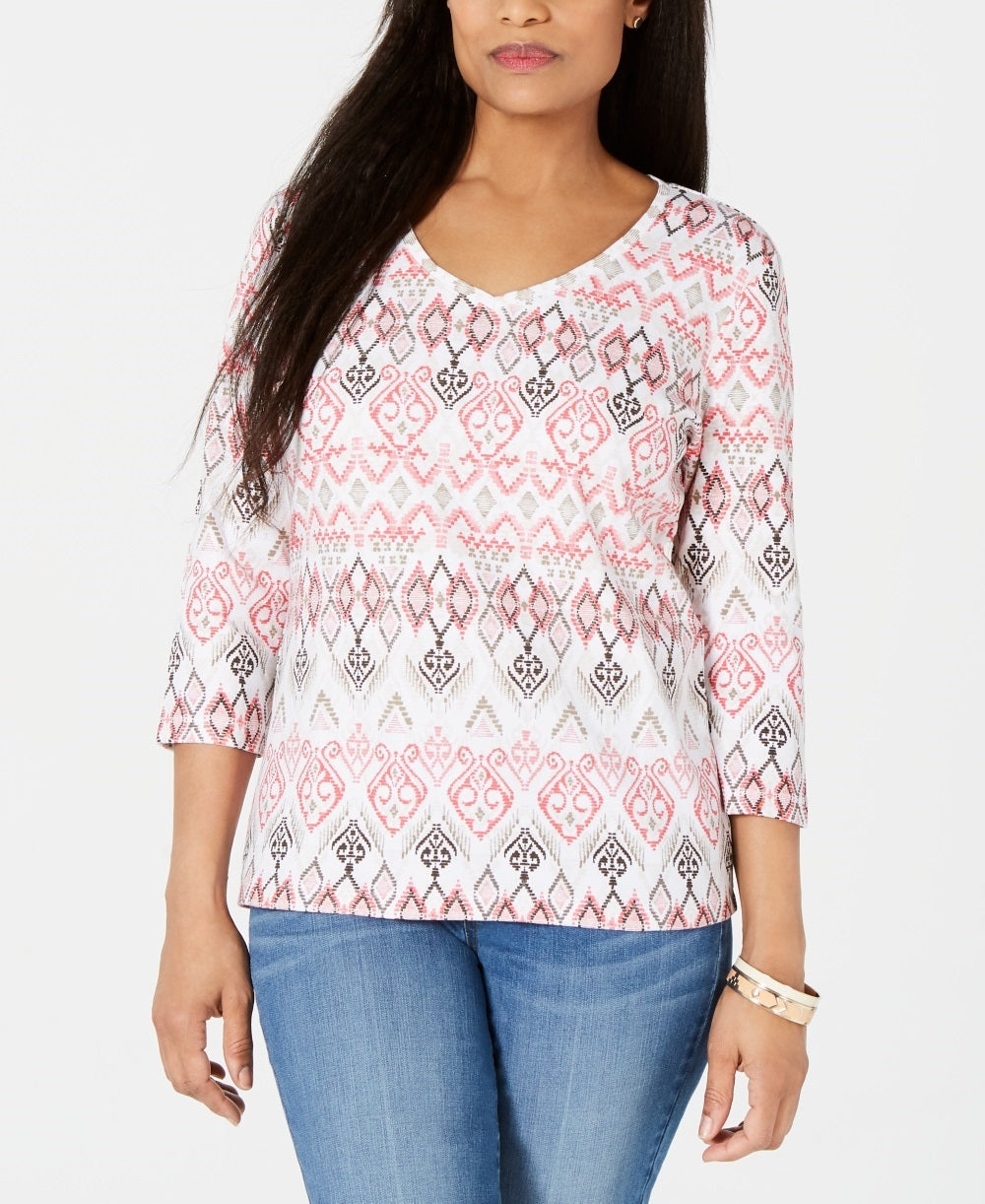 Karen Scott Women's Printed V Neck Top Orange Size Medium