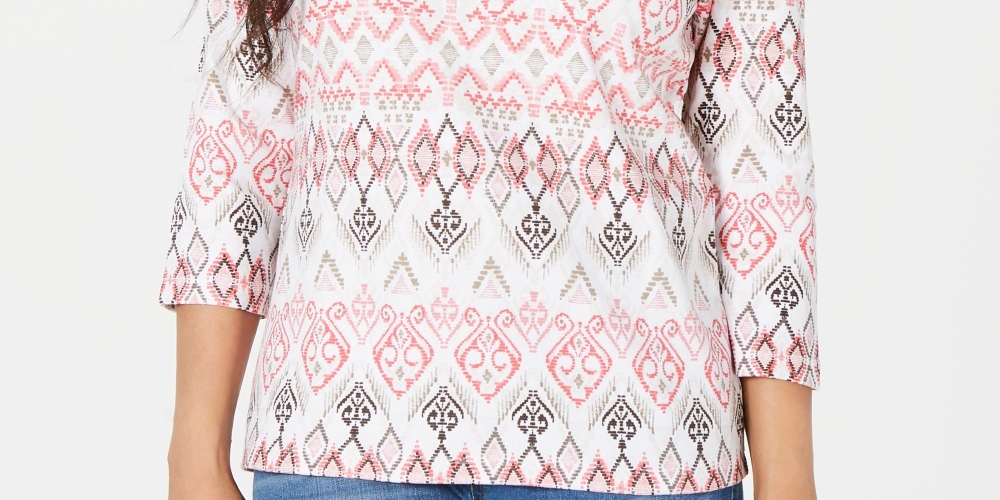 Karen Scott Women's Printed V Neck Top Orange Size Medium
