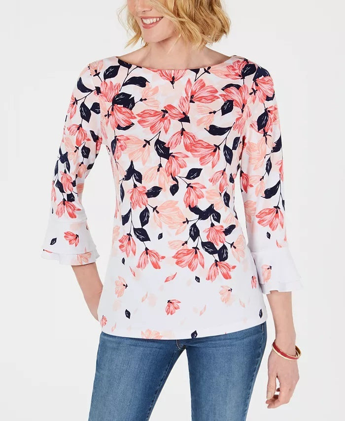 Charter Club Women's Printed Ruffle-Sleeve Top White Size Medium