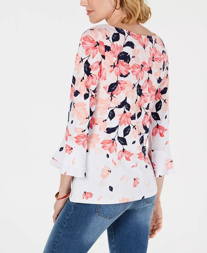 Charter Club Women's Printed Ruffle-Sleeve Top White Size Medium