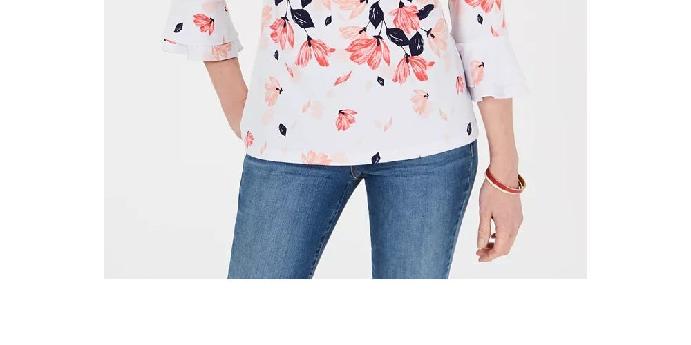 Charter Club Women's Printed Ruffle-Sleeve Top White Size Medium