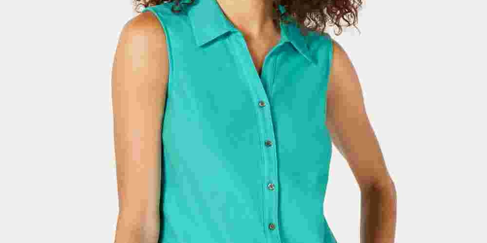 Charter Club Women's Cotton Pique Sleeveless Shirt  Blue Size 18
