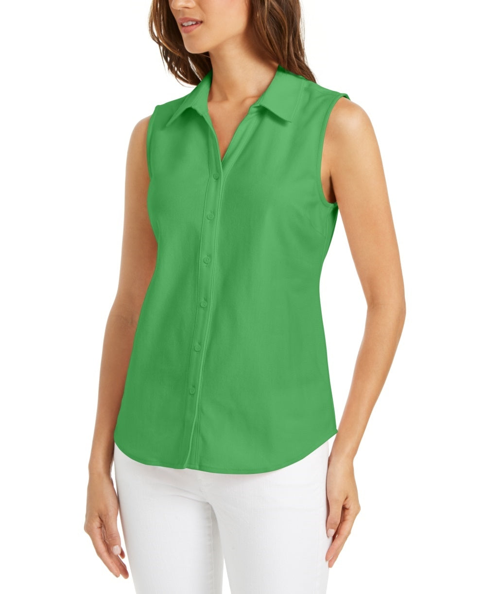 Charter Club Women's Cotton Pique Sleeveless Shirt Green Size 16