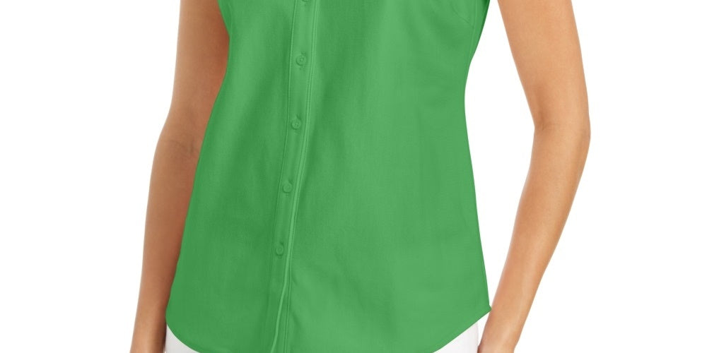 Charter Club Women's Cotton Pique Sleeveless Shirt Green Size 16