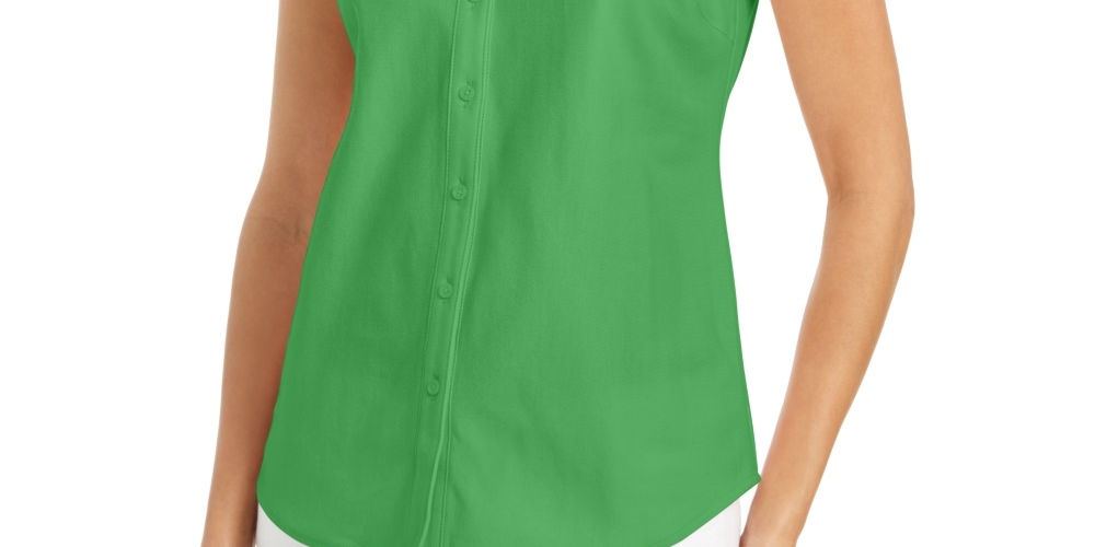 Charter Club Women's Cotton Pique Sleeveless Shirt Green Size 4