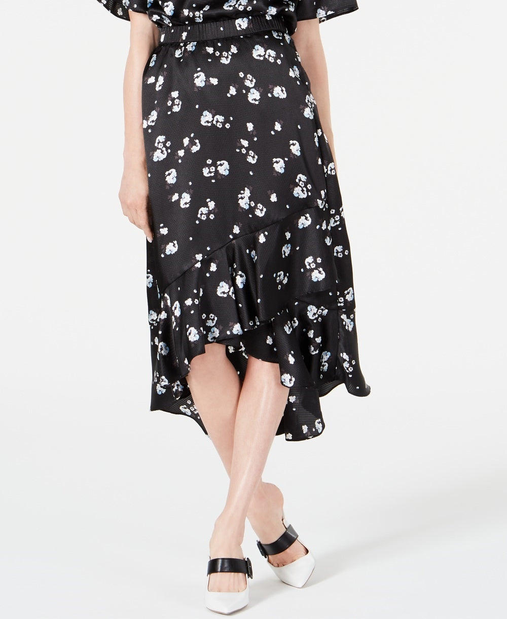Alfani Women's Ruffled Floral Print Midi Skirt Black Size 12