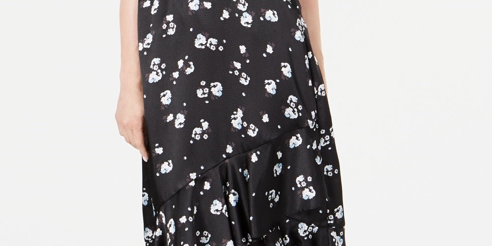 Alfani Women's Ruffled Floral Print Midi Skirt Black Size 12