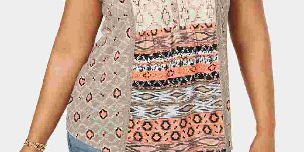 Style & Company Women's Printed Sleeveless Scoop Neck Top Dark Beige Size 1X